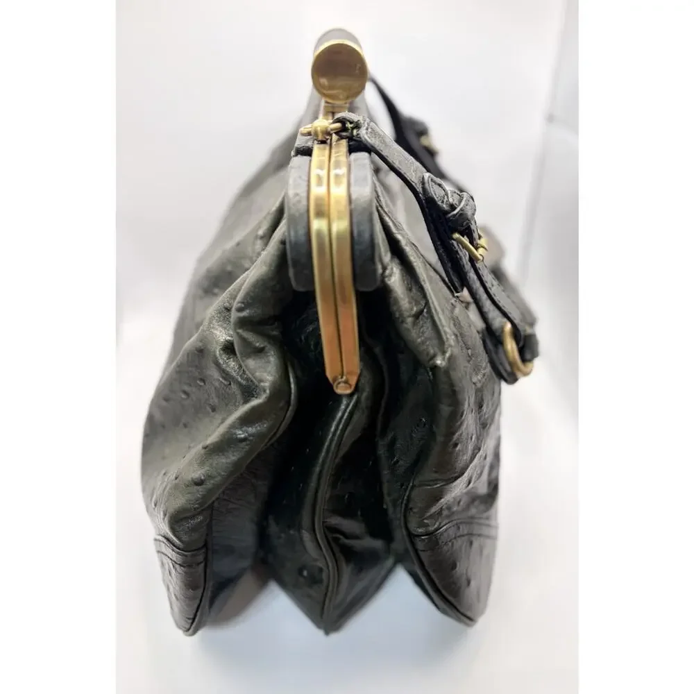 Tracy Reese Ostrich Embossed Leather Doctor‎ Bag Green Frame Satchel Kiss Lock